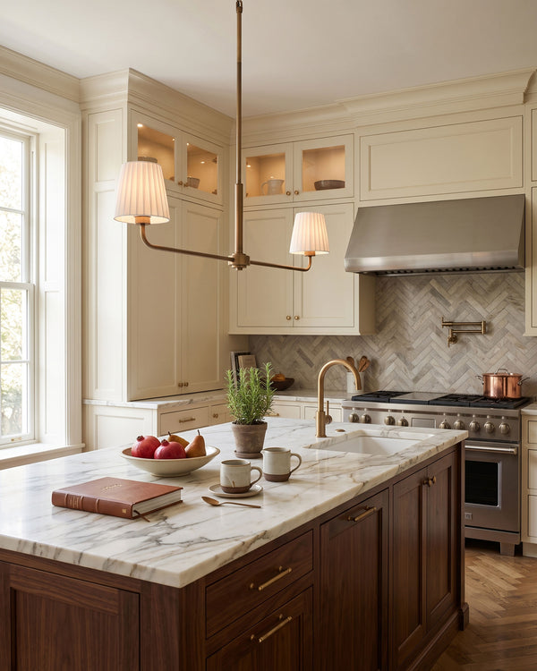 Octavia Linear Pleated Chandelier brass frame and pleated shade detail