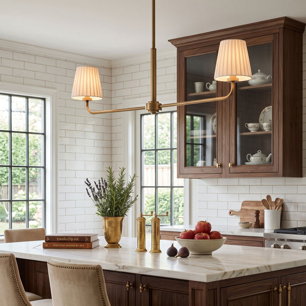 Octavia Linear Pleated Chandelier hanging over an island