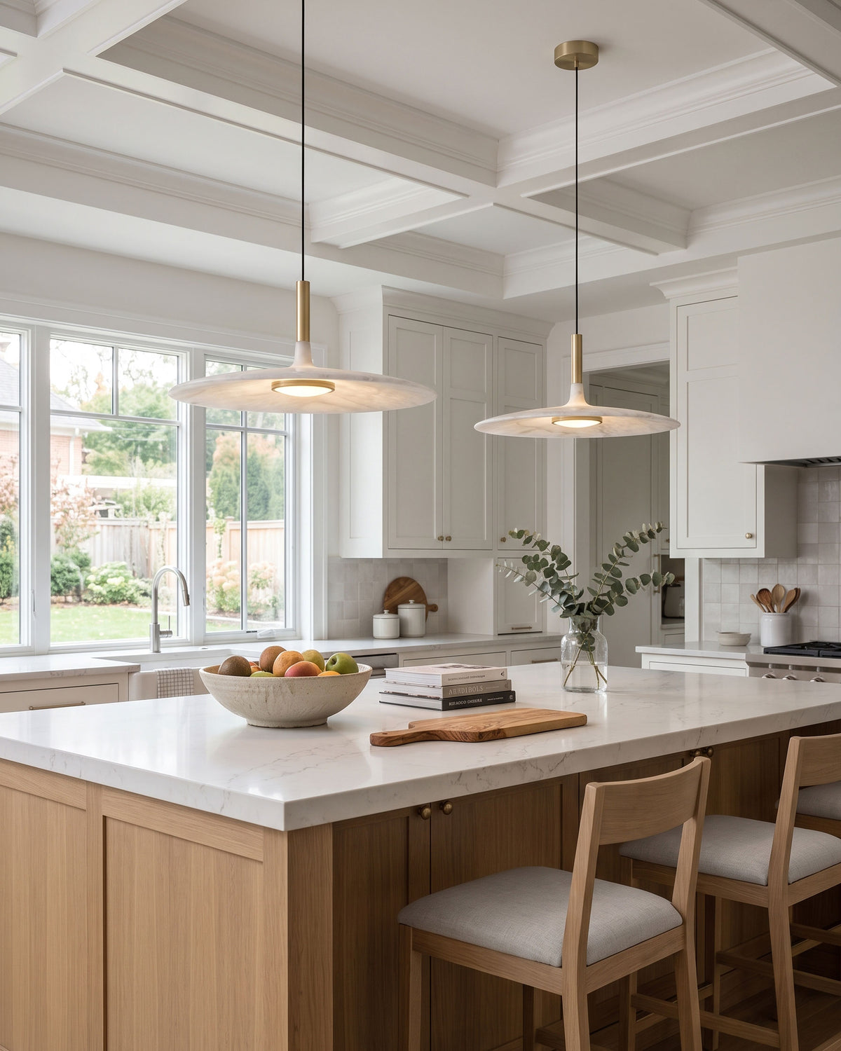 Thea Minimalist Pendant Light alabaster shade and brass hardware detail